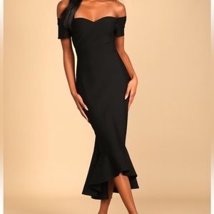 How Much I Care Black Off-the-Shoulder Midi Dress